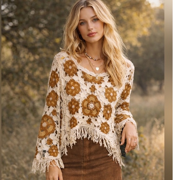 Cape Robbin Sweaters - Boho crochet poncho style sweater top,with pearls.